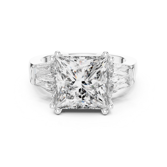 Princess cut diamond ring with baguette side stones
White gold princess cut baguette diamond ring
Front view princess cut three stone ring
Princess cut diamond with tapered baguette sides
Four prong princess cut diamond ring
White gold three stone diamond ring
Princess cut diamond ring front profile
White gold ring with baguette side diamonds
Classic princess cut diamond ring design
Princess cut diamond engagement ring