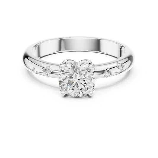 White gold round diamond solitaire ring with stones
Round cut diamond ring in white gold
Classic white gold solitaire ring with diamonds
Four prong round diamond ring in gold
Minimal white gold diamond solitaire ring for women
Elegant round diamond ring with stone band
White gold ring with round center diamond
Fine jewelry round diamond solitaire ring close up
Polished white gold ring with brilliant diamond
White gold diamond ring with scattered stones on band