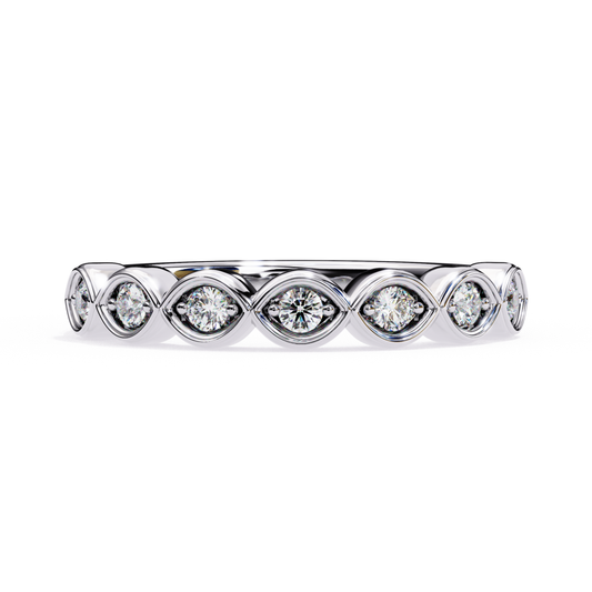 White gold band with round bezel diamonds
Round diamonds set in white gold band
Front view white gold bezel diamond ring
White gold ring with round diamond row
Bezel set round diamonds white gold ring
Straight view round diamond white gold band
White gold band featuring round diamonds
Close view round bezel diamonds ring
White gold band with round diamond setting
White gold round diamond band ring