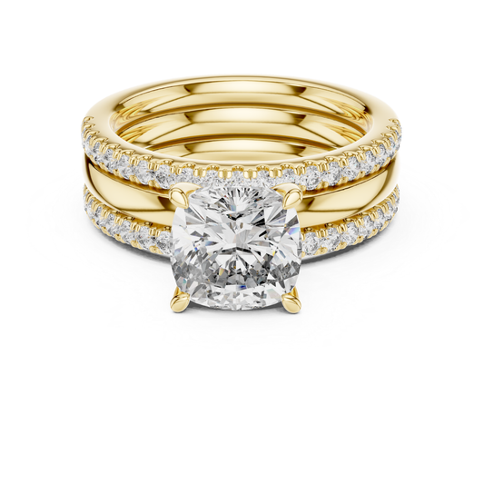 Yellow gold cushion cut diamond bridal ring set
Cushion cut diamond engagement ring set
Yellow gold diamond wedding ring stack
Cushion solitaire ring with diamond bands
Yellow gold bridal set with round diamonds
Luxury cushion cut diamond ring set
Diamond engagement ring with matching bands
Yellow gold cushion diamond wedding set
Elegant bridal ring stack with pave diamonds
Cushion cut solitaire diamond ring in gold