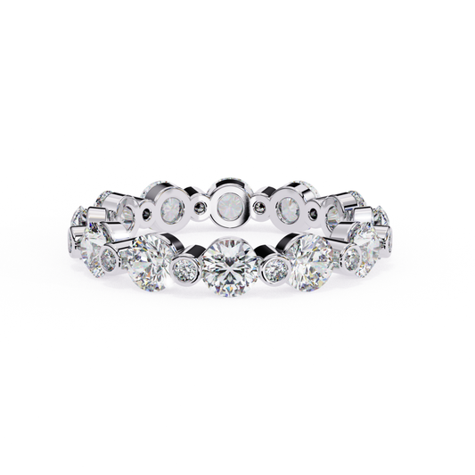 Front view of a white gold eternity band featuring round diamonds in bezel settings