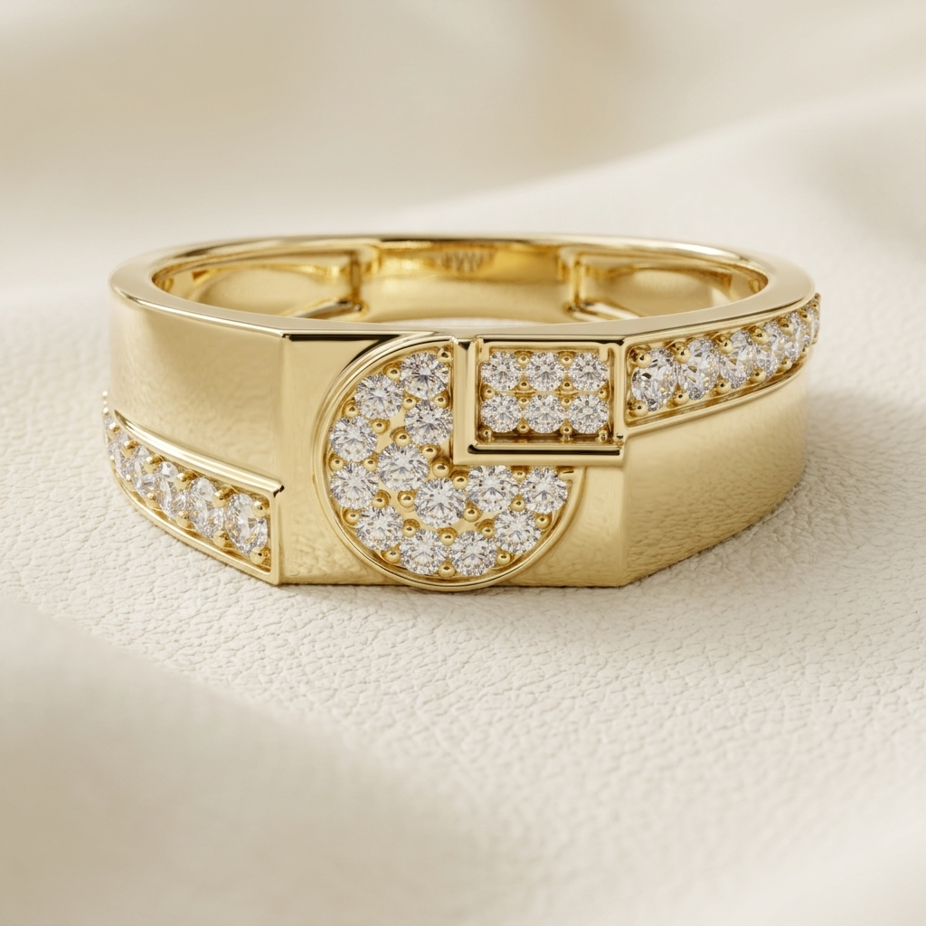 Round Lab Grown Diamond Geometric Signet Ring