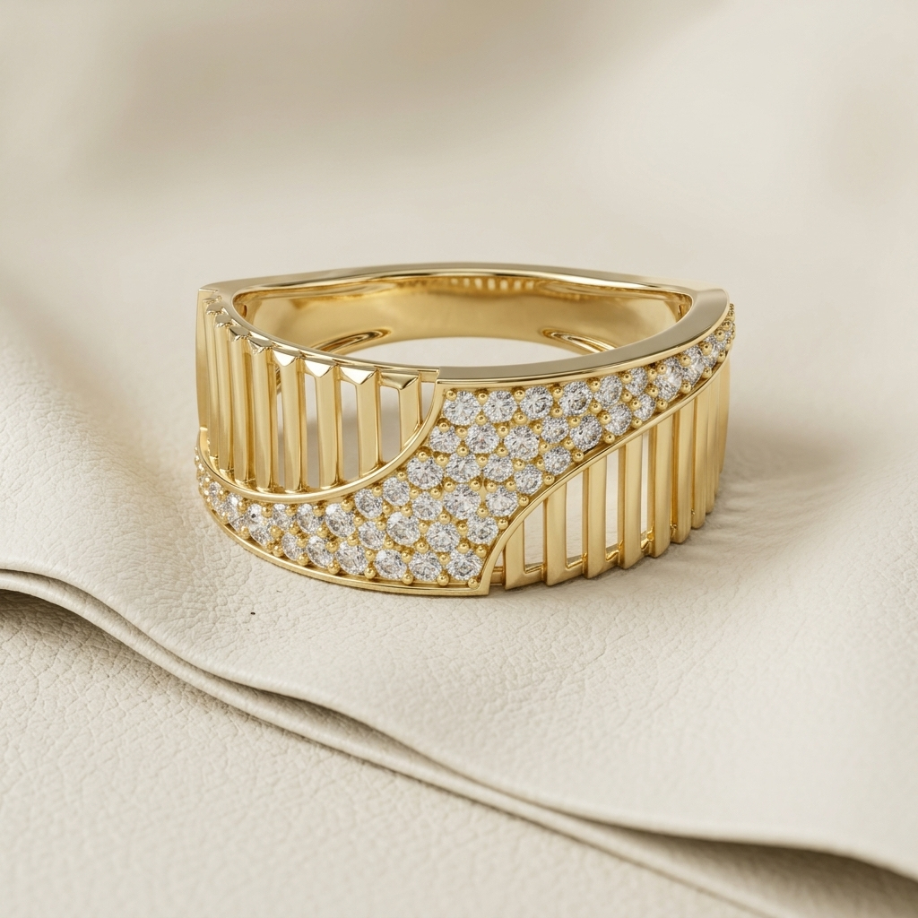 Round Lab Grown Diamond Architectural Pavé Statement Ring in Yellow Gold