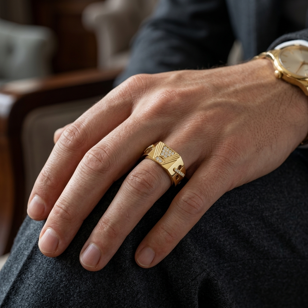 Round Lab Grown Diamond Geometric Signet Ring