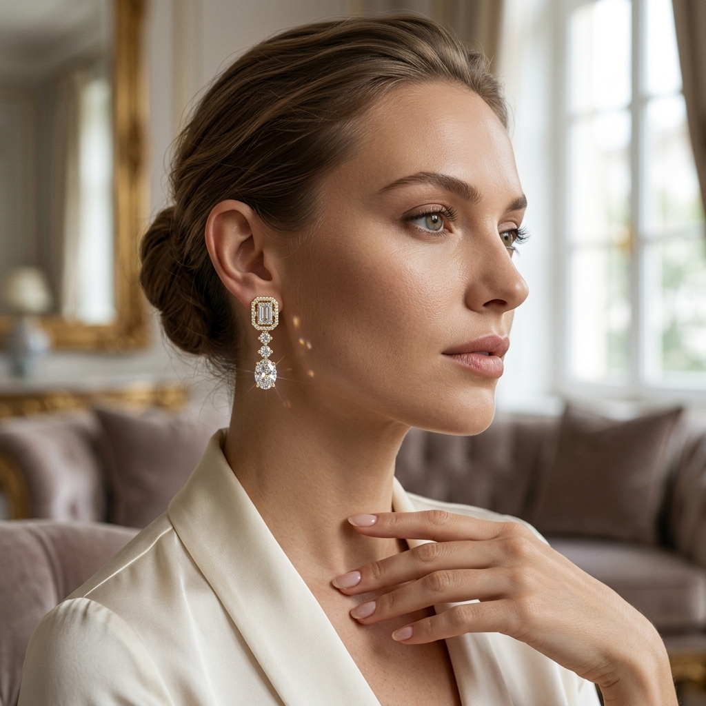 Emerald Oval Round Lab Grown Diamond Drop Earrings
