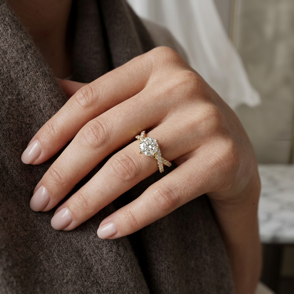 Round Lab Grown Diamond Crossover Engagement Ring