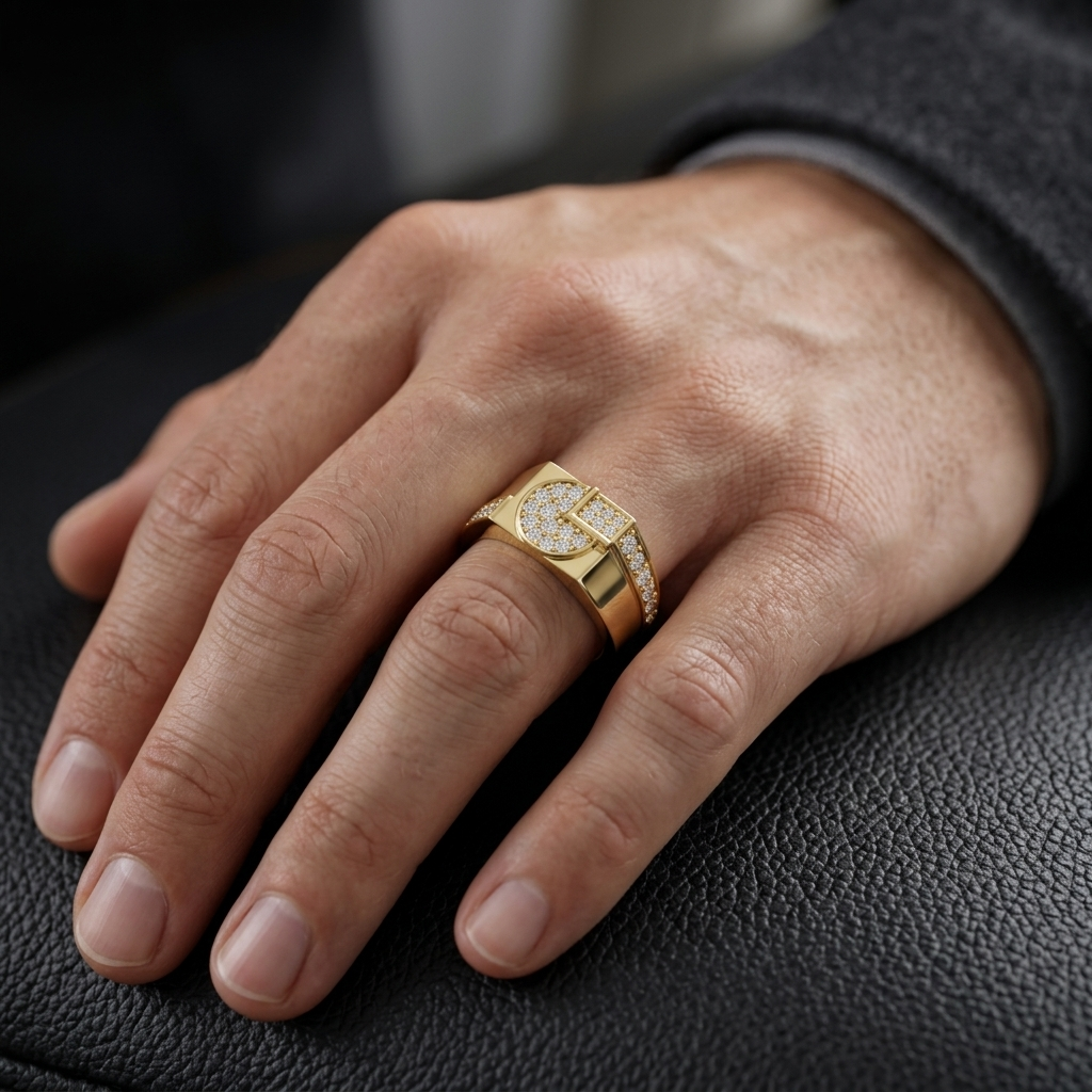 Round Lab Grown Diamond Geometric Signet Ring