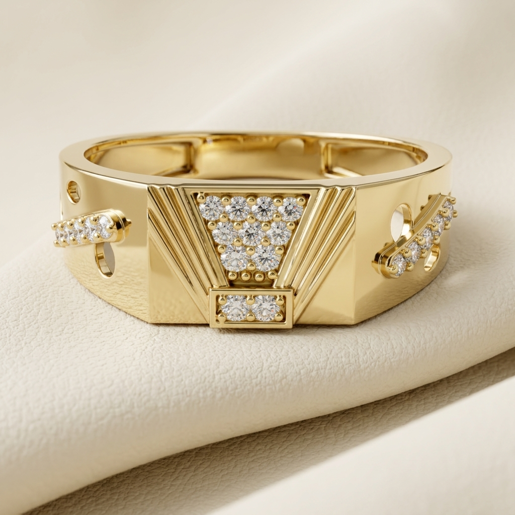 Round Lab Grown Diamond Geometric Signet Ring