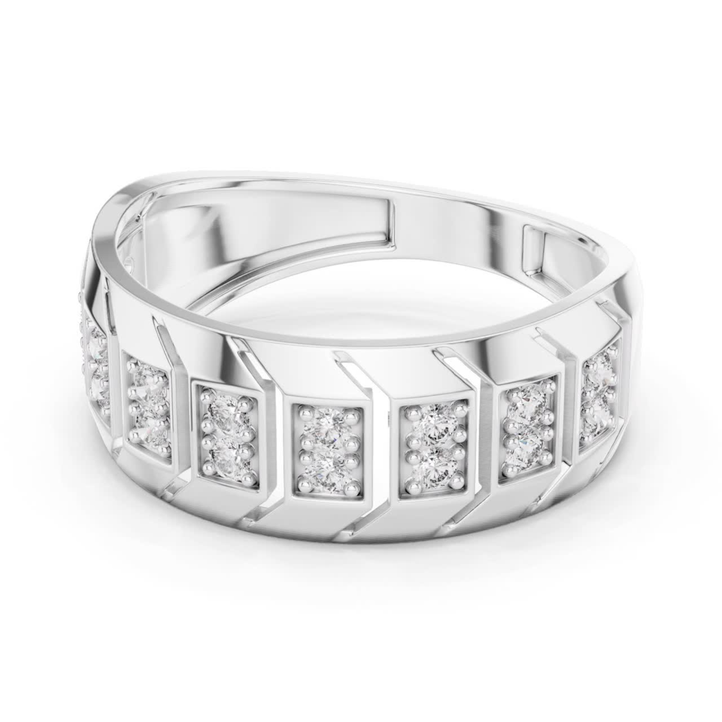 Angled view round diamond white gold band ring
Wide white gold ring with round diamond details
Geometric white gold band featuring round diamonds
Round diamond white gold wedding band design
Modern white gold ring with diamond accents
Textured white gold band with round diamond settings
Contemporary round diamond white gold statement ring
Polished white gold band with diamond rows
Round diamond inset white gold wide band ring
White gold geometric ring with round diamond pairs