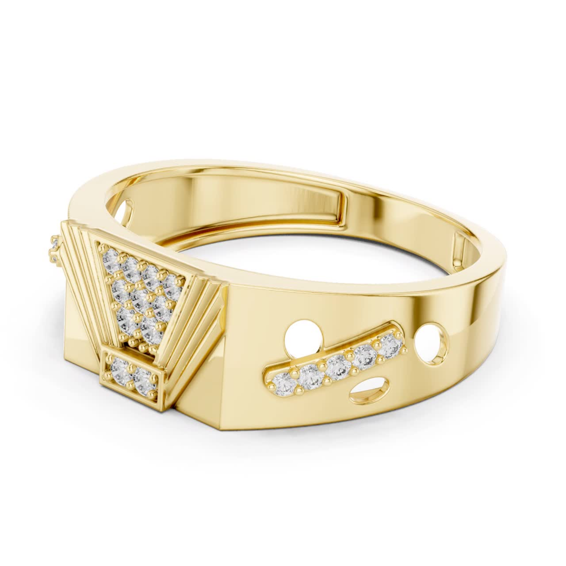 Art deco diamond yellow gold band ring
Yellow gold ring with geometric diamond centerpiece
Diamond yellow gold band with angular details
Wide yellow gold ring featuring diamond accents
Contemporary yellow gold band with structured design
Polished yellow gold ring with diamond cluster setting
Modern yellow gold band showcasing geometric details
Decorative yellow gold ring with diamond pattern
Architectural yellow gold band with diamond accents
Yellow gold statement ring with art deco styling