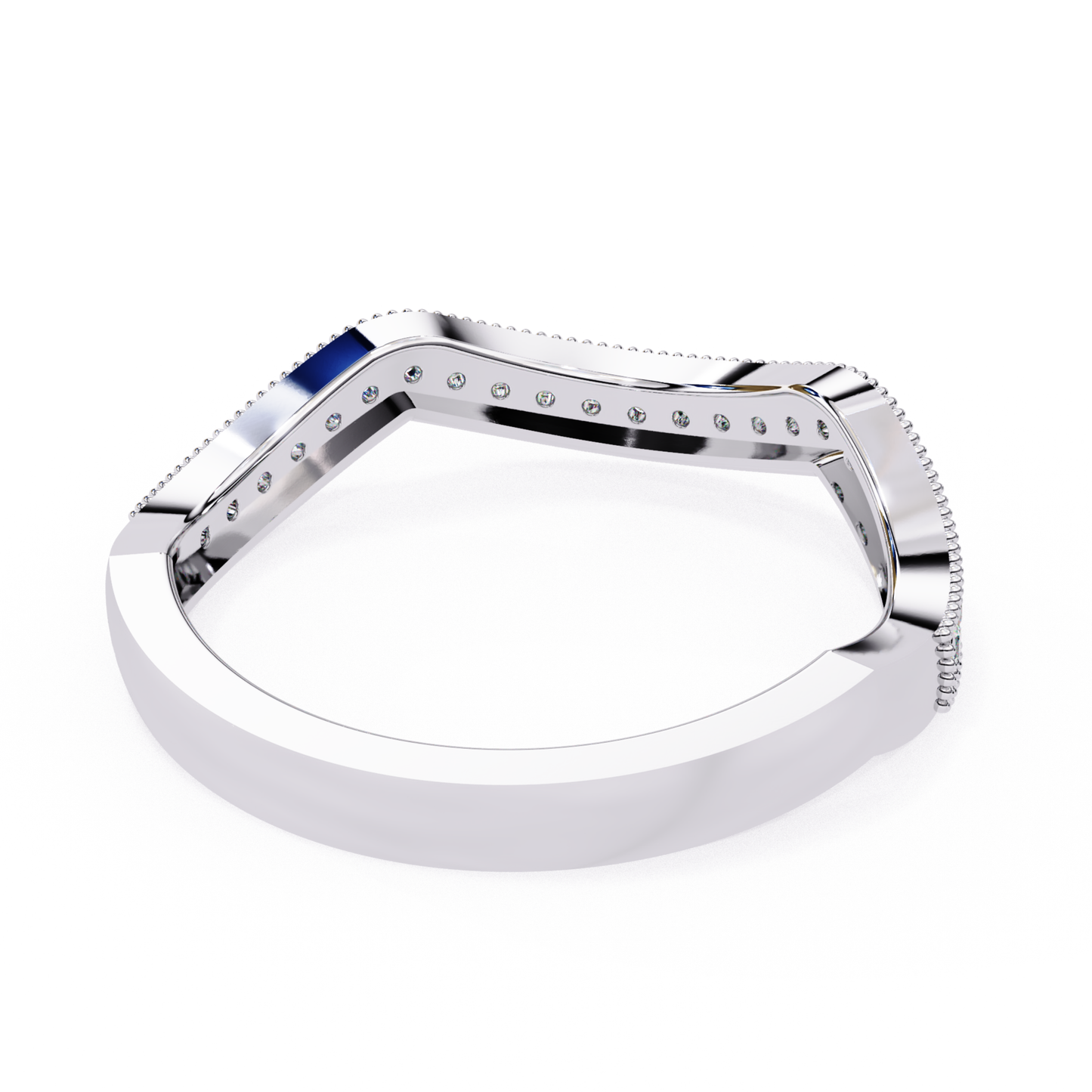 Inside view of curved diamond band in white gold