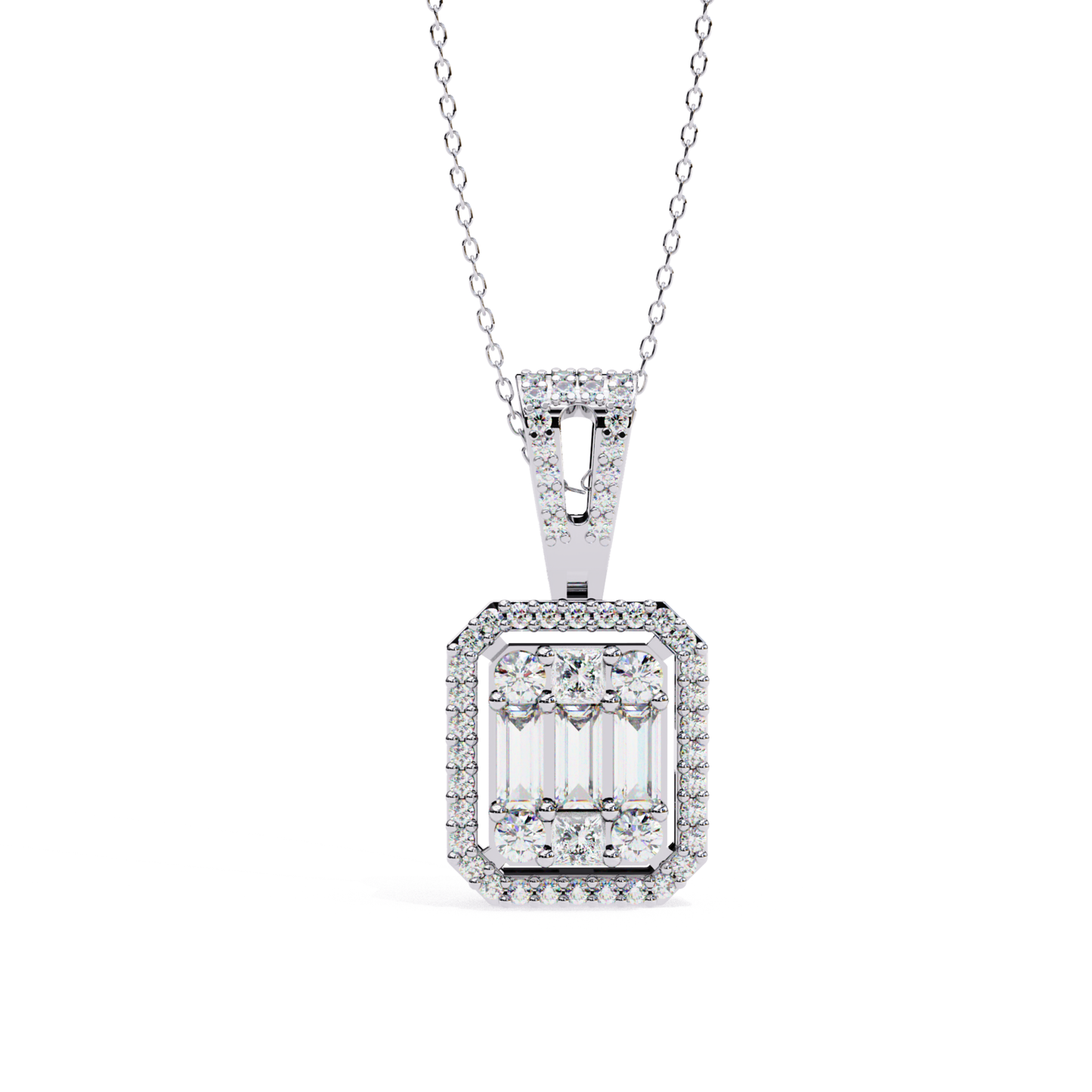White metal baguette diamond center illusion pendant