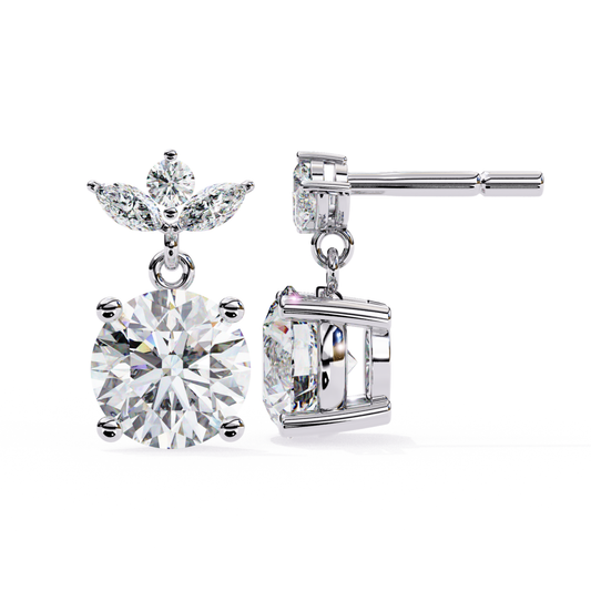 Sophisticated diamond earrings with a floral design in white gold, showcasing brilliant round diamonds.