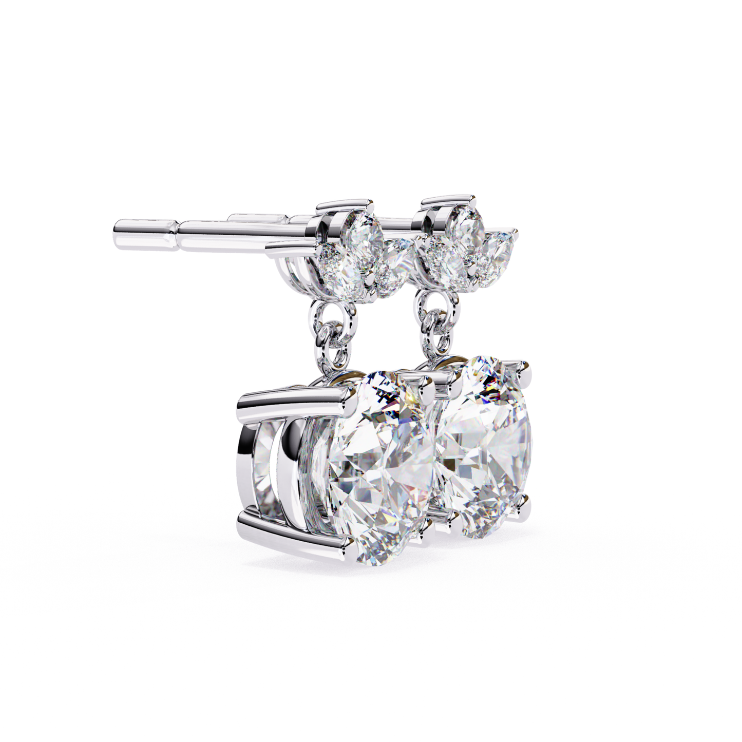  Refined double diamond earrings with floral details in white gold, adorned with pear-shaped diamonds.