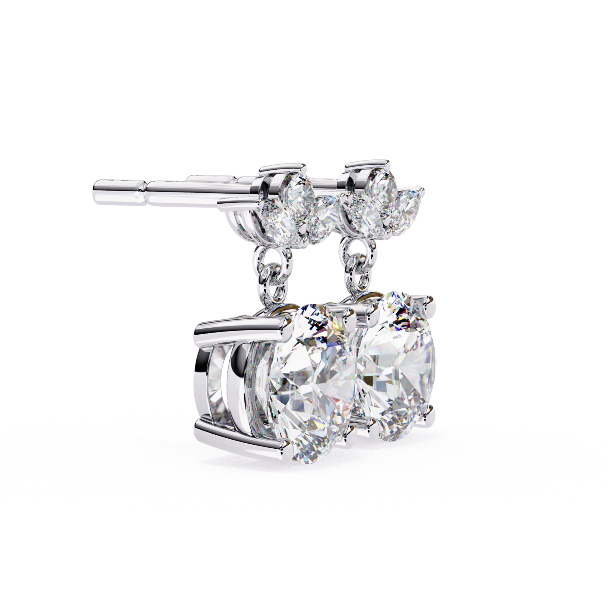  Refined double diamond earrings with floral details in white gold, adorned with pear-shaped diamonds.