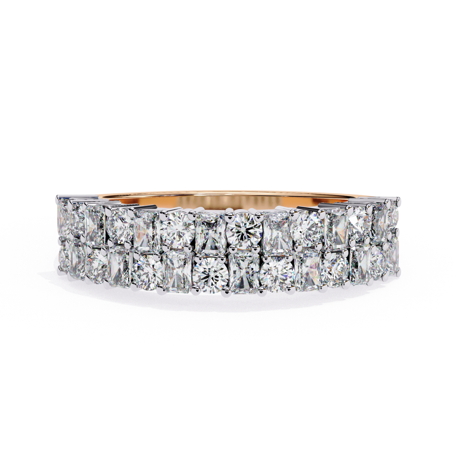 Front view of double row diamond band in rose gold