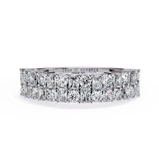 Front view of double row diamond band in white gold