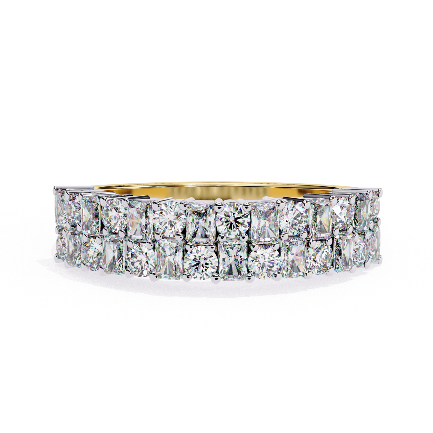 Front view of double row diamond band in yellow gold