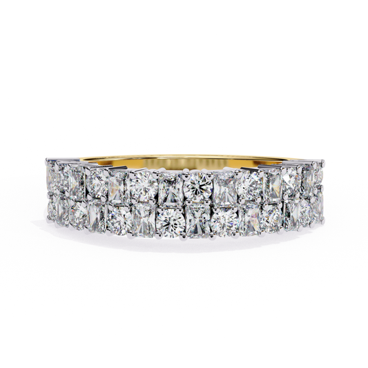 Front view of double row diamond band in yellow gold