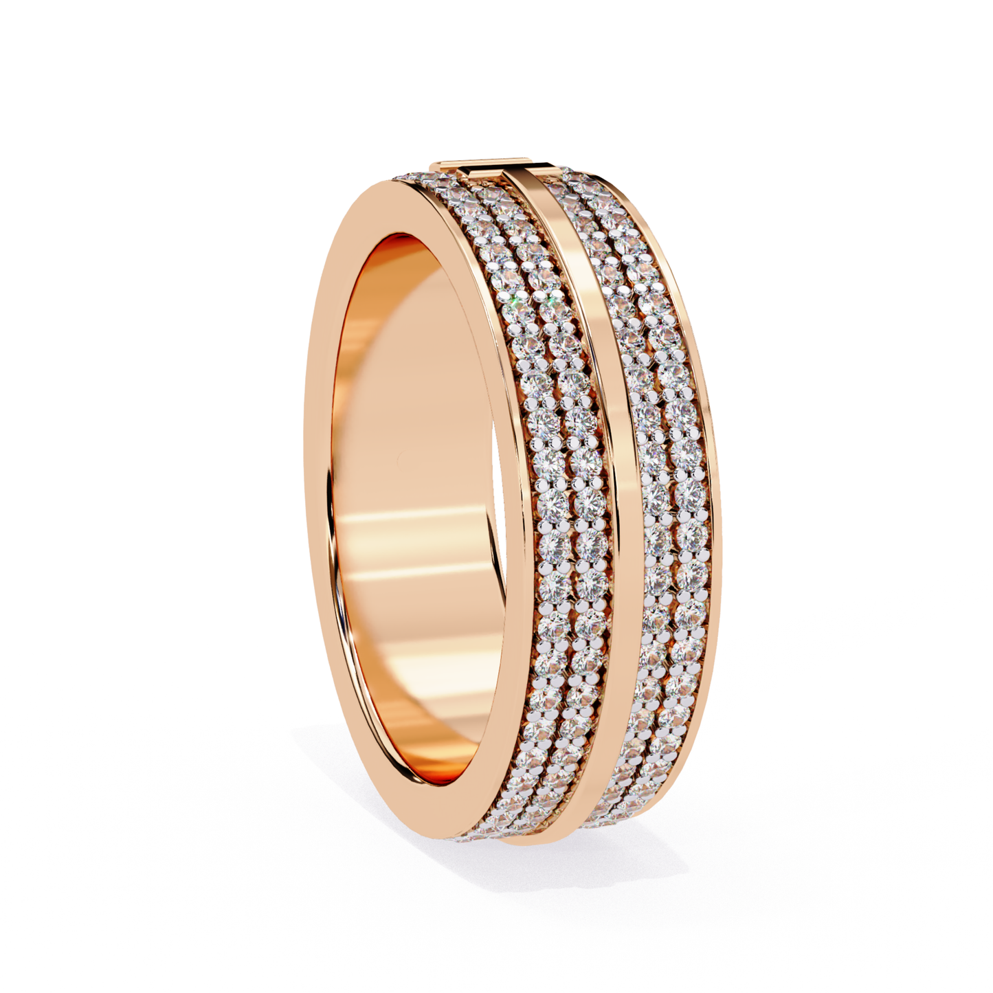 Rose gold diamond band with double pavé rows in angled profile