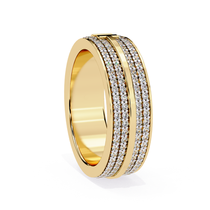 Yellow gold band with double row pavé diamonds shown at an angled view