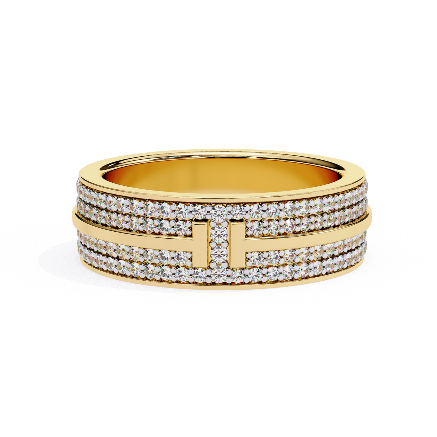Yellow gold band with double row pavé diamonds and center bar detail