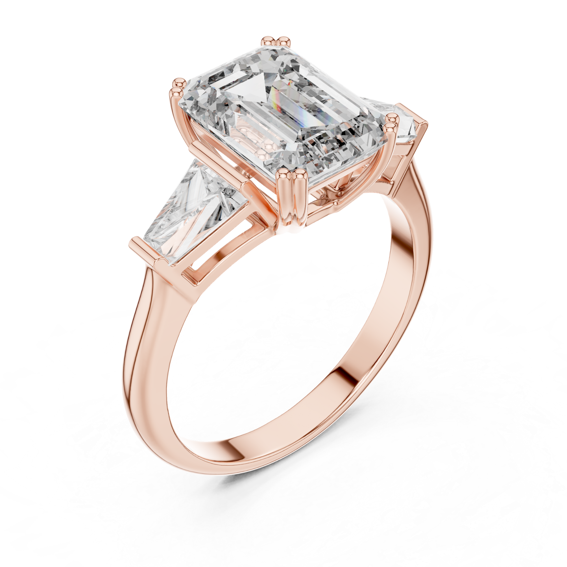 Perspective view emerald cut diamond ring
Rose gold emerald cut baguette diamond ring
Emerald cut diamond with tapered baguette sides
Three stone emerald cut diamond ring
Four prong emerald cut diamond ring
Rose gold diamond ring perspective angle
Emerald cut ring with open gallery
Angled emerald cut diamond ring in rose gold
Emerald cut diamond ring with baguette accents
Rose gold emerald cut ring angled view