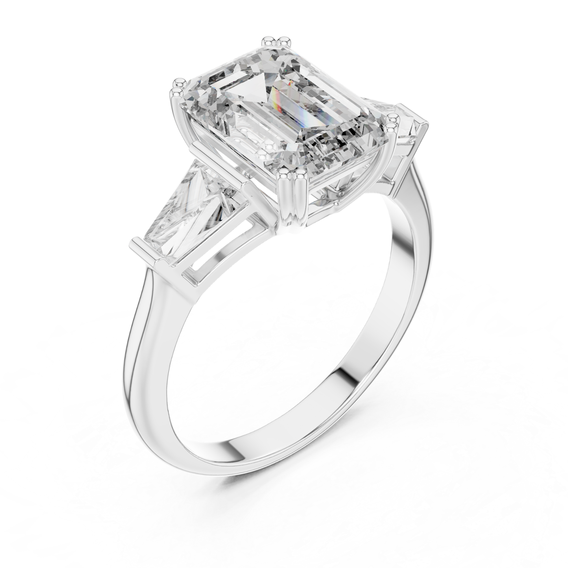 Perspective view emerald cut diamond ring
White gold emerald cut baguette diamond ring
Emerald cut diamond with tapered baguette sides
Three stone emerald cut diamond ring
Four prong emerald cut diamond ring
White gold diamond ring perspective angle
Emerald cut ring with open gallery
Angled emerald cut diamond ring in white gold
Emerald cut diamond ring with baguette accents
White gold emerald cut ring angled view