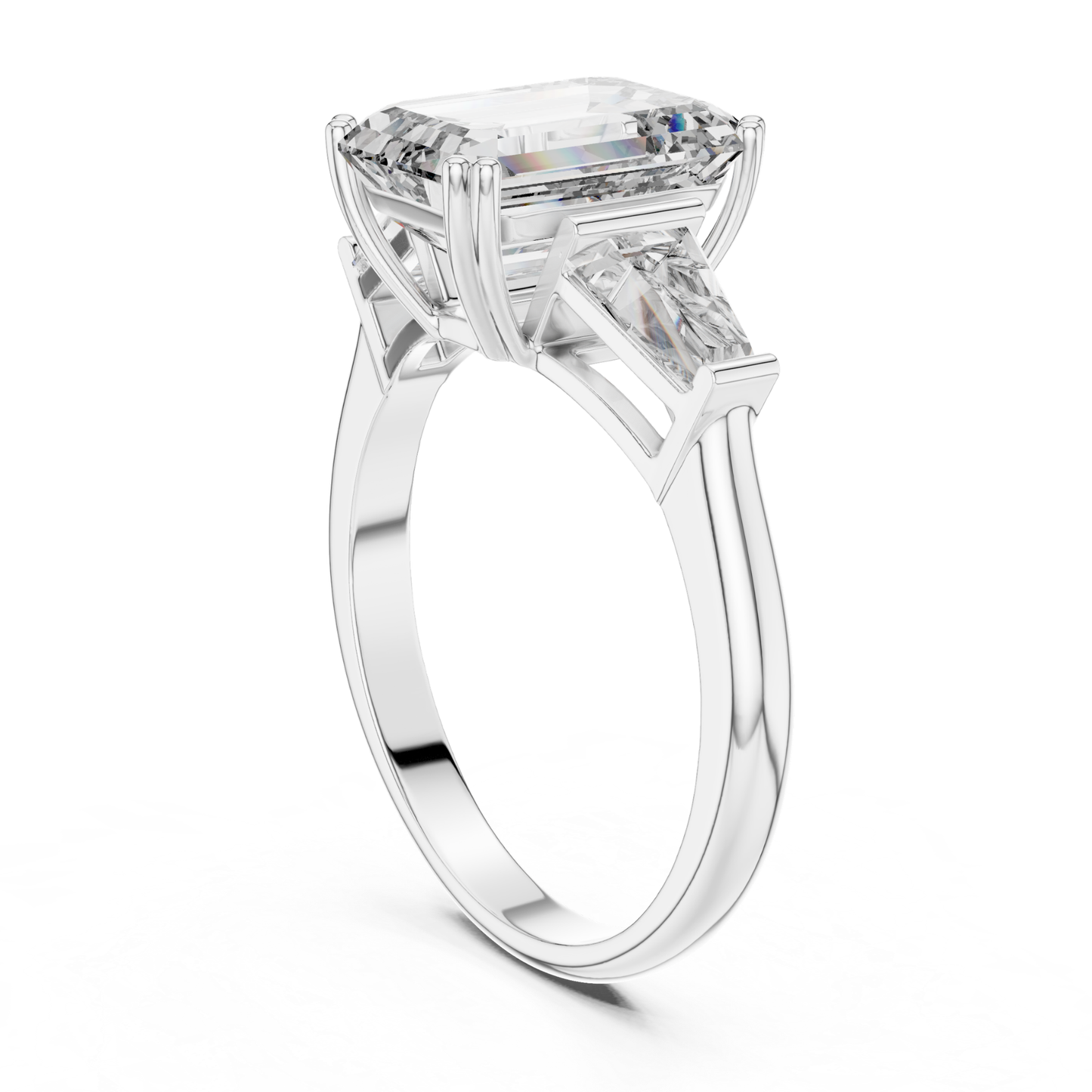 Rear angle emerald cut diamond ring
White gold emerald cut baguette diamond ring
Emerald cut diamond with tapered baguette stones
Rear profile three stone diamond ring
Four prong emerald cut diamond ring
White gold diamond ring rear angle
Open gallery emerald cut diamond ring
Emerald cut ring with baguette side stones
White gold emerald cut ring profile
Cathedral style emerald cut diamond ring