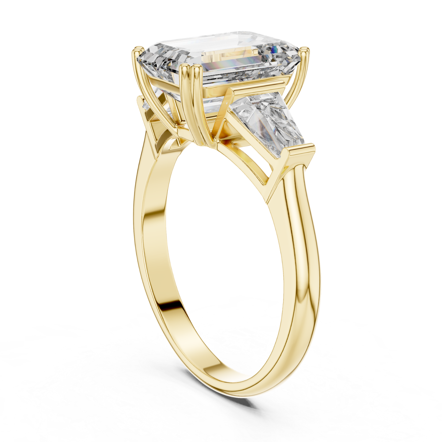 Rear angle emerald cut diamond ring
Yellow gold emerald cut baguette diamond ring
Emerald cut diamond with tapered baguette stones
Rear profile three stone diamond ring
Four prong emerald cut diamond ring
Yellow gold diamond ring rear angle
Open gallery emerald cut diamond ring
Emerald cut ring with baguette side stones
Yellow gold emerald cut ring profile
Cathedral style emerald cut diamond ring