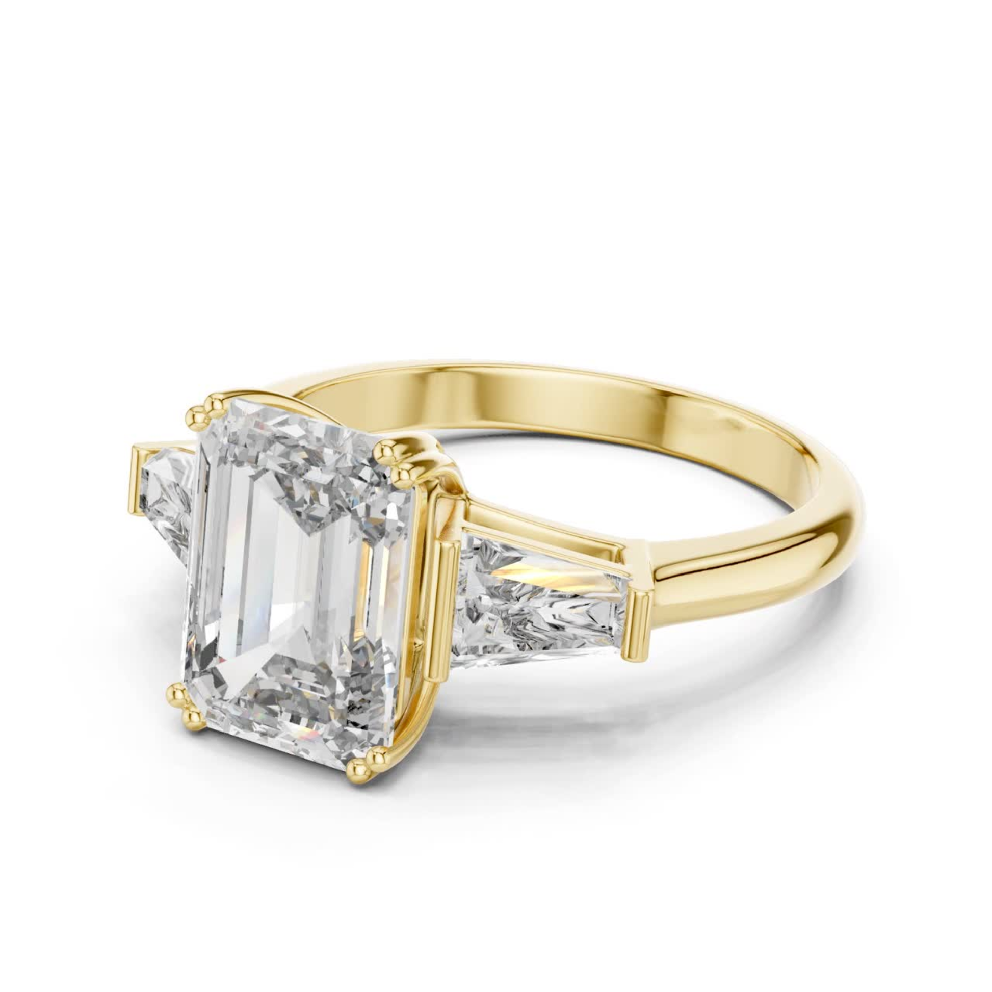 Angled view emerald cut diamond ring
Yellow gold emerald cut baguette diamond ring
Emerald cut diamond with tapered baguette stones
Three stone emerald cut diamond ring
Four prong emerald cut diamond ring
Yellow gold diamond ring angled profile
Emerald cut center stone with baguette sides
Classic emerald cut diamond ring in gold
Angled yellow gold diamond ring design
Emerald cut three stone ring side angle