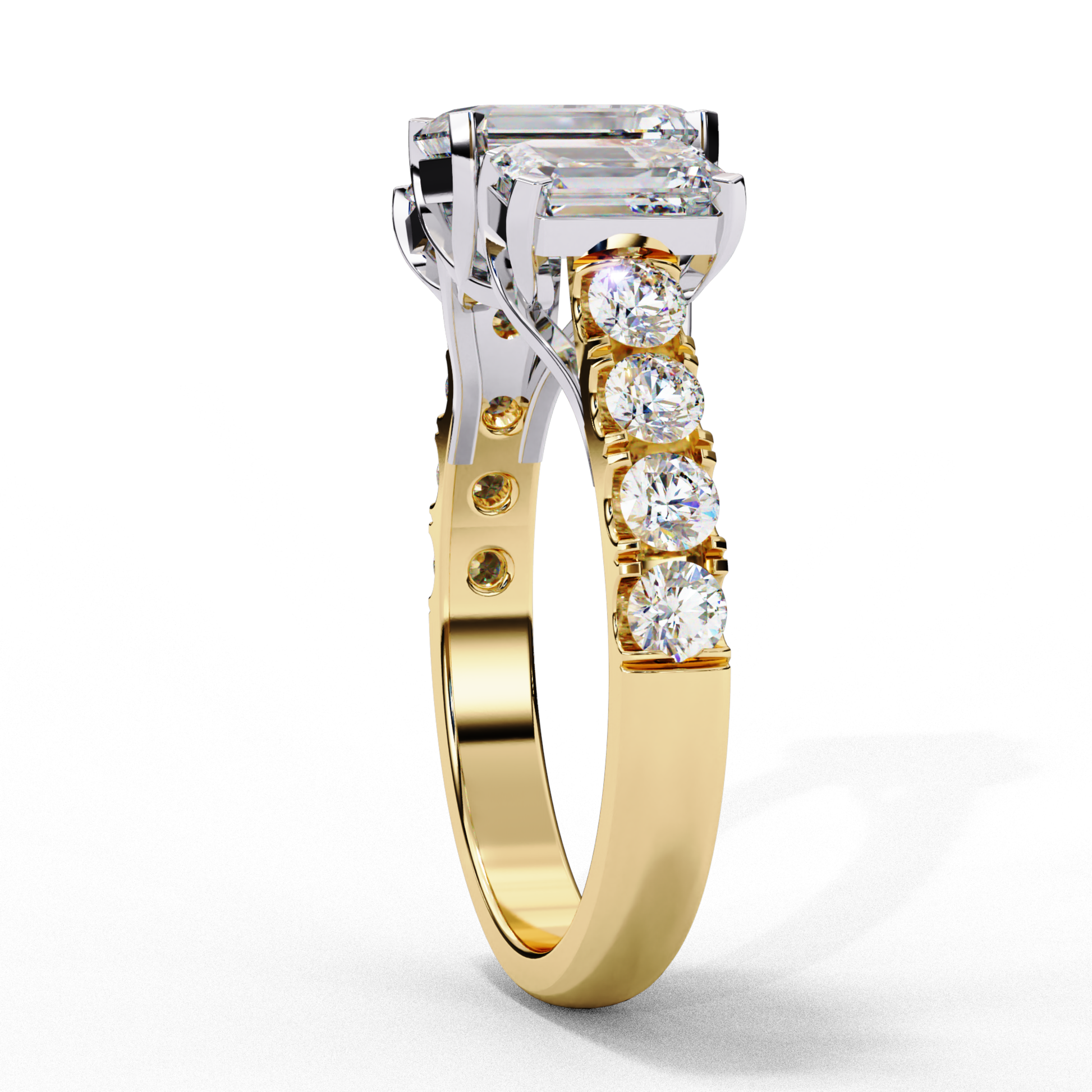 Emerald cut diamond with side diamonds
Three stone ring with diamonds on the band
Emerald center stone with diamond accents
Diamond ring with emerald cut center
Yellow and white gold three stone ring
Elegant three stone diamond band
Emerald diamond ring with side stones
Three stone diamond ring in gold
Diamond ring with emerald center
Gold ring with emerald and side diamonds