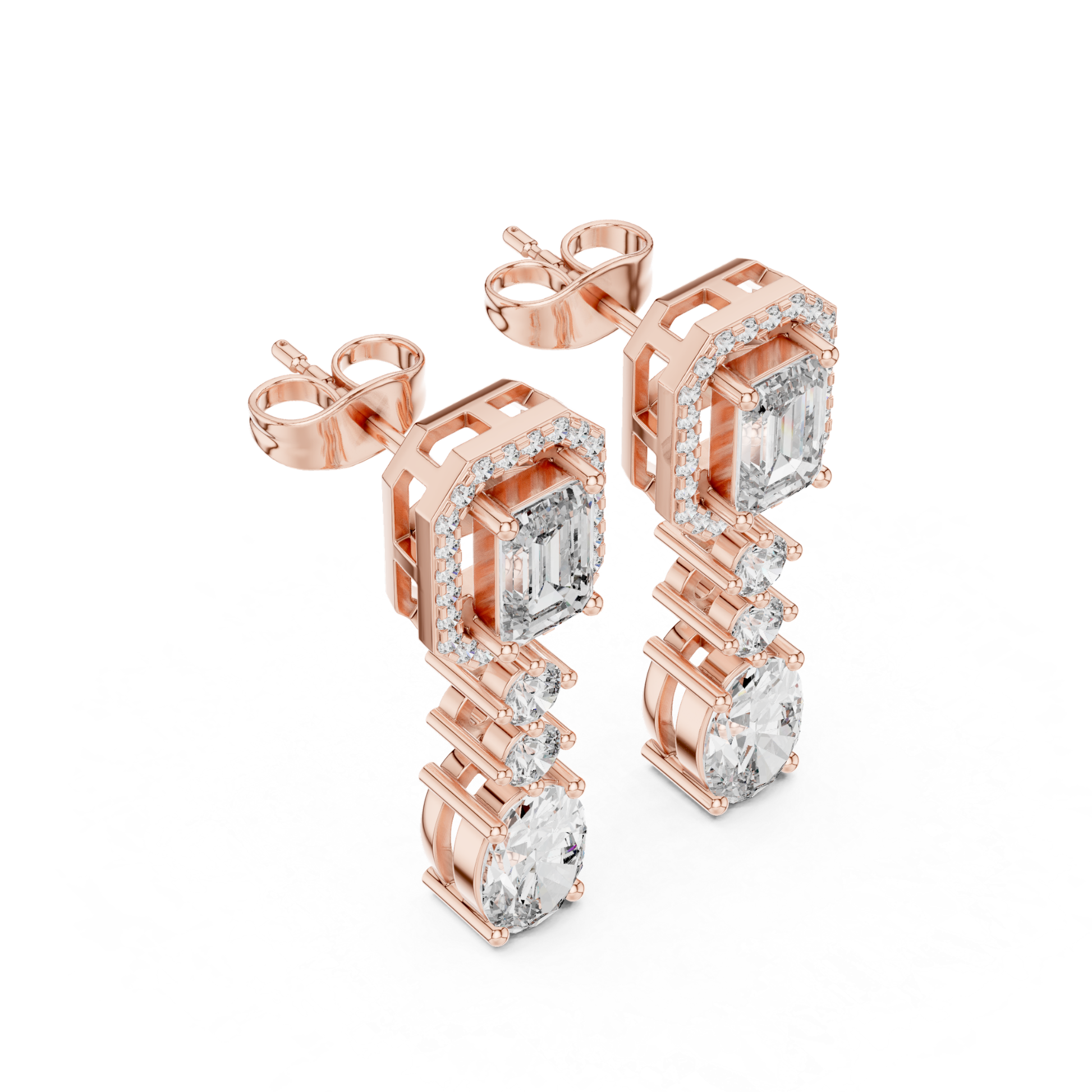Rose gold emerald diamond earrings side perspective
Angled view halo diamond drop earrings in rose gold
Rose gold fancy cut diamond dangle earrings
Emerald top diamond earrings with oval drops
Side angle multi stone diamond earrings
Rose gold open gallery diamond drop design
Emerald halo earrings with graduated diamonds
Rose gold luxury dangle earrings side profile
Fancy shape diamond earrings with oval bottom stone
Rose gold handcrafted diamond drop earrings