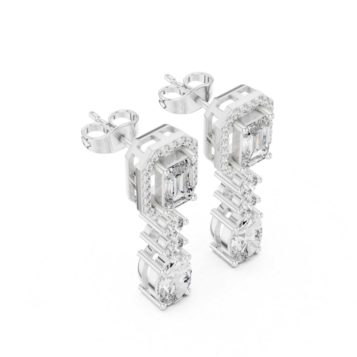 White gold emerald diamond earrings side perspective
Angled view halo diamond drop earrings in white gold
White gold fancy cut diamond dangle earrings
Emerald top diamond earrings with oval drops
Side angle multi stone diamond earrings
White gold open gallery diamond drop design
Emerald halo earrings with graduated diamonds
White gold luxury dangle earrings side profile
Fancy shape diamond earrings with oval bottom stone
White gold handcrafted diamond drop earrings