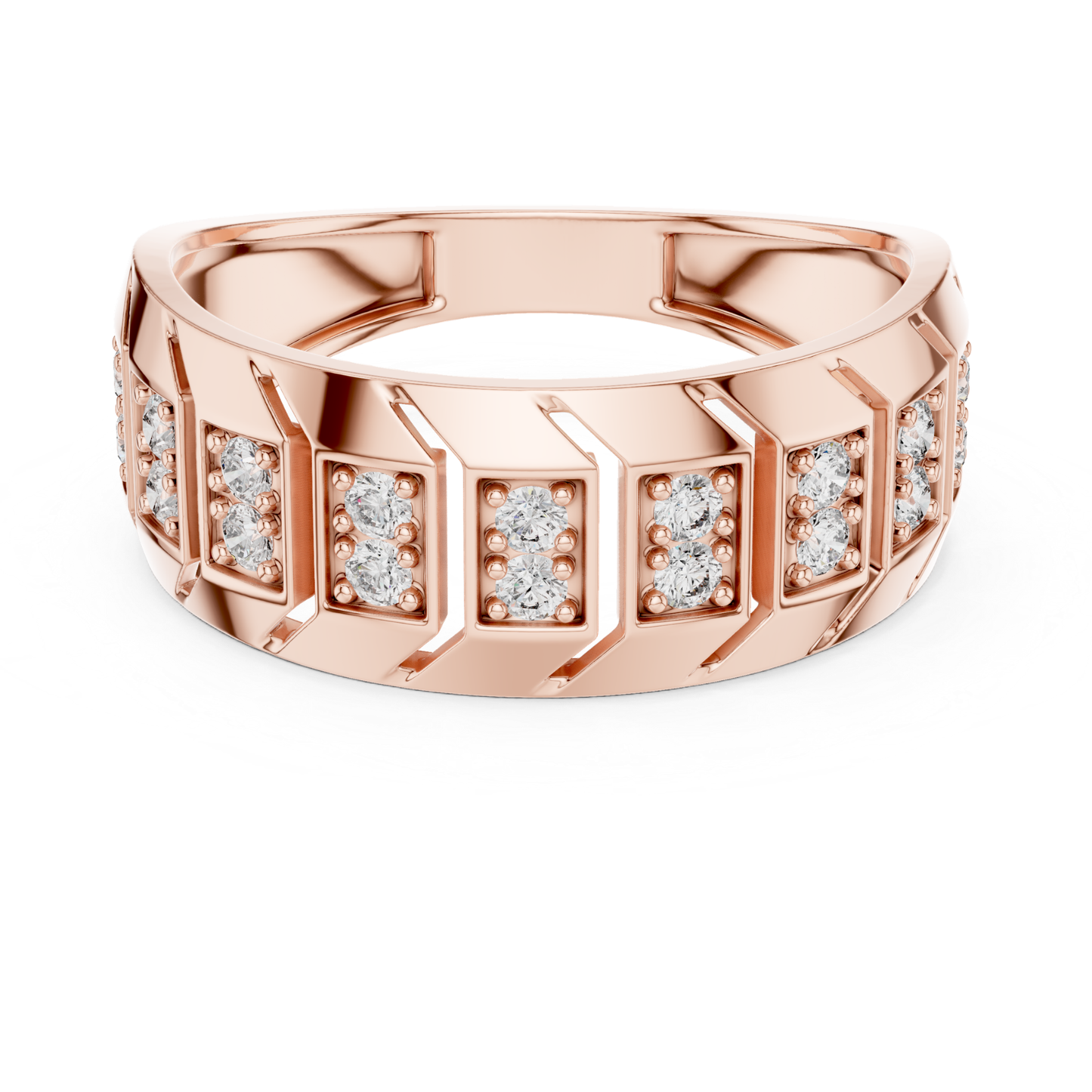 Round diamond rose gold geometric band ring
Wide rose gold ring with round diamond accents
Modern rose gold band featuring round diamonds
Geometric pattern rose gold diamond wedding band
Round diamond inset rose gold statement ring
Rose gold diamond band with angular design details
Contemporary round diamond rose gold ring band
Diamond accented rose gold wide band ring
Textured rose gold band with round diamond rows
Polished rose gold ring with round diamond settings
