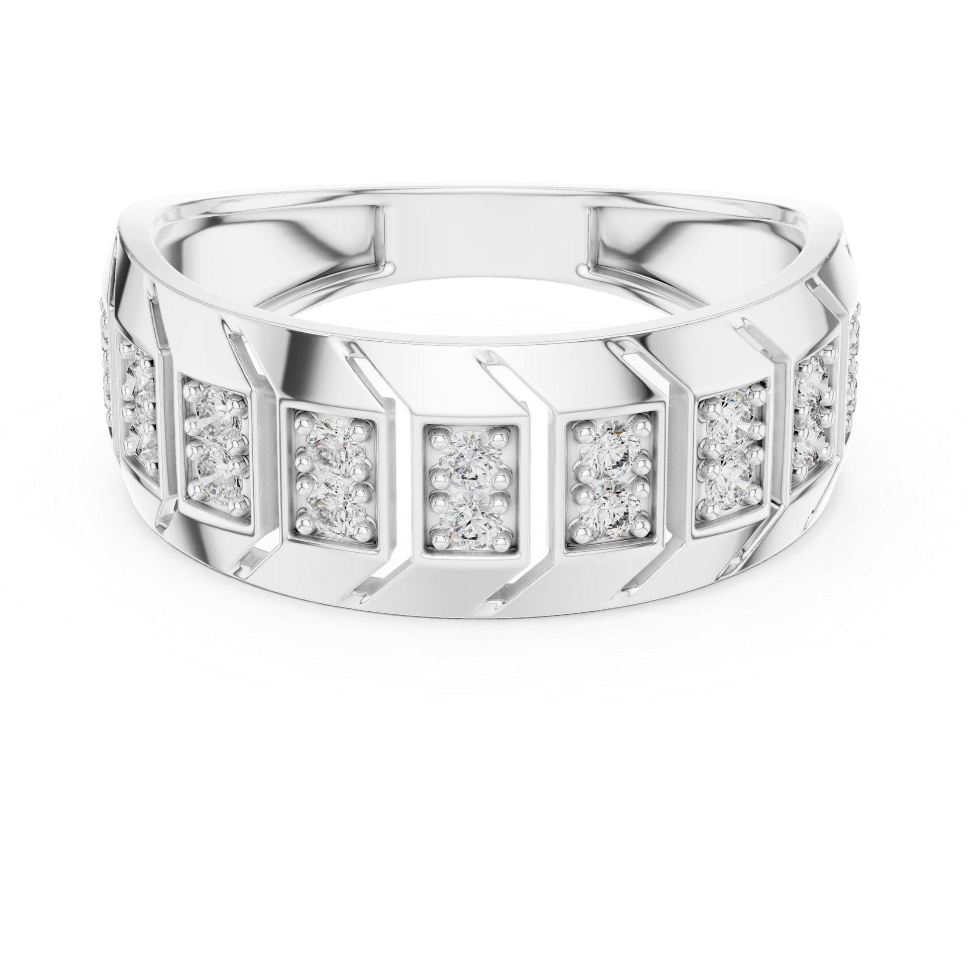 Round diamond white gold geometric band ring
Wide white gold ring with round diamond accents
Modern white gold band featuring round diamonds
Geometric pattern white gold diamond wedding band
Round diamond inset white gold statement ring
White gold diamond band with angular design details
Contemporary round diamond white gold ring band
Diamond accented white gold wide band ring
Textured white gold band with round diamond rows
Polished white gold ring with round diamond settings