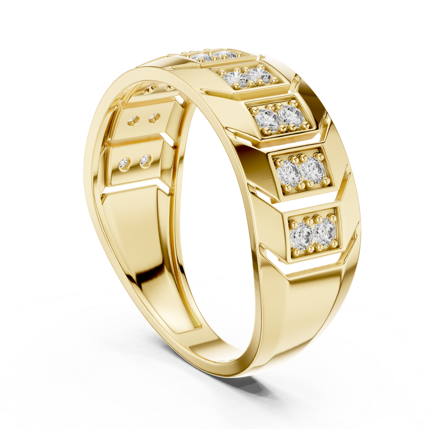Front angled round diamond yellow gold band ring
Geometric yellow gold ring with round diamond pairs
Modern yellow gold band featuring round diamonds
Wide yellow gold ring with round diamond accents
Round diamond yellow gold statement band design
Polished yellow gold ring with geometric detailing
Contemporary yellow gold band showcasing round diamonds
Diamond accented yellow gold ring from angled view
Textured yellow gold band with round diamond settings
Angular yellow gold ring with diamond row pattern