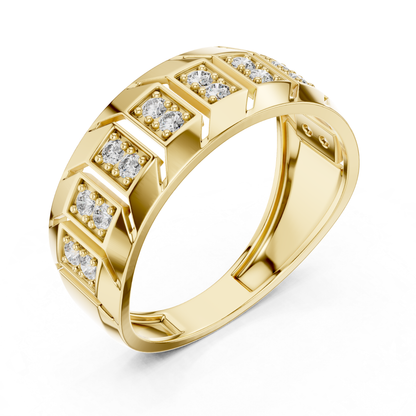 Angled view round diamond yellow gold band ring
Geometric yellow gold ring with round diamond accents
Wide yellow gold band featuring round diamond pairs
Contemporary yellow gold ring with round diamonds
Round diamond yellow gold statement band design
Polished yellow gold ring with geometric diamond pattern
Modern yellow gold band showcasing round diamonds
Diamond accented yellow gold ring from top angle
Textured yellow gold band with round diamond settings
Angular yellow gold ring with round diamond detail
