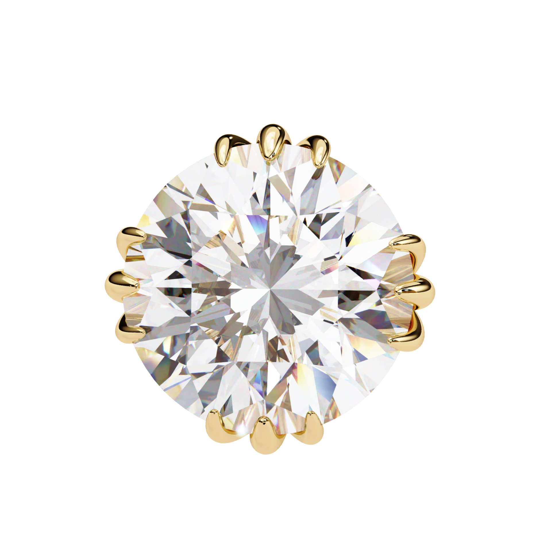 A close-up view of an elegant yellow gold solitaire earring with a brilliant round-cut diamond, set in a secure six-prong setting for a timeless and luxurious appearance.