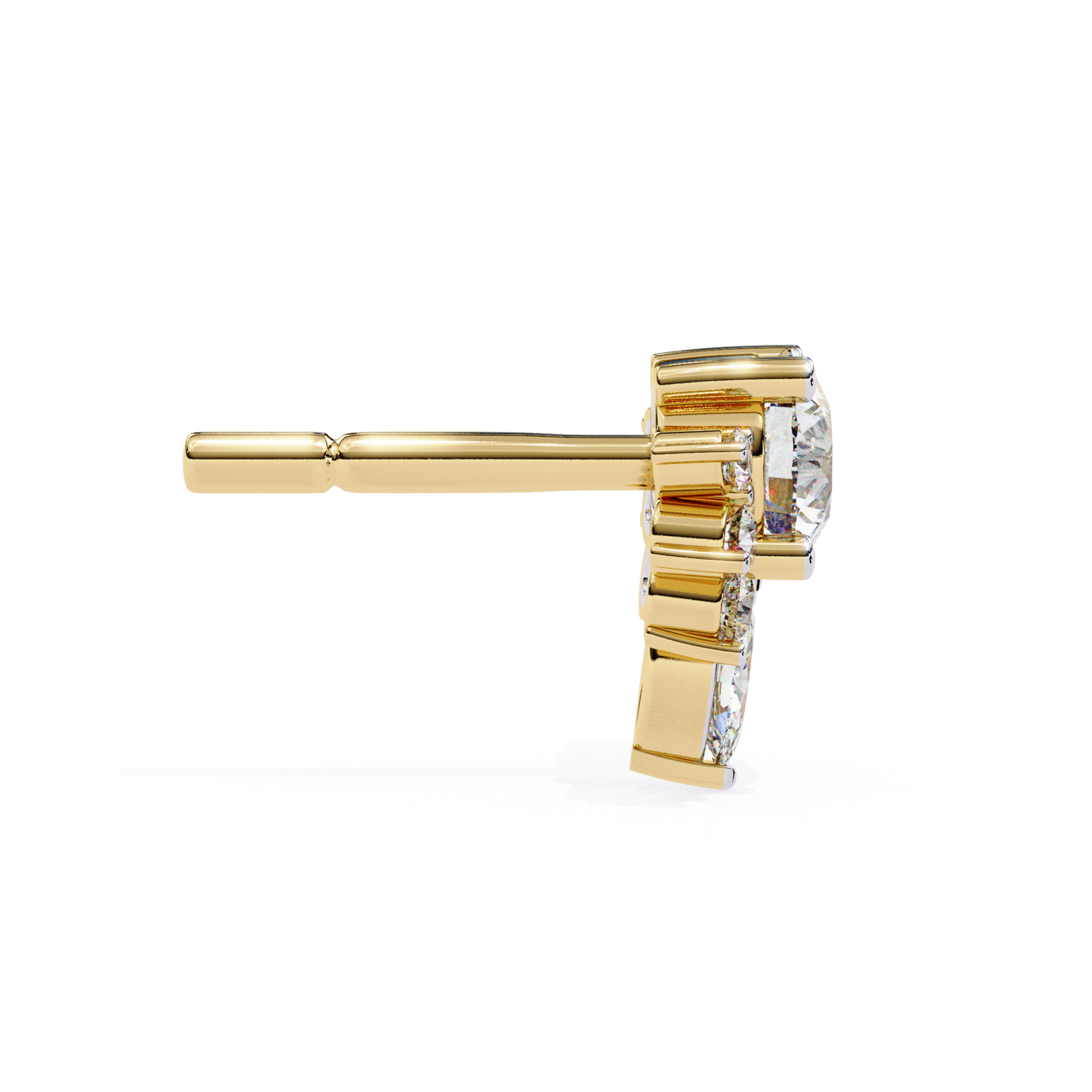 Shimmering yellow-gold stud earrings featuring a diamond cluster with a bold, modern design.