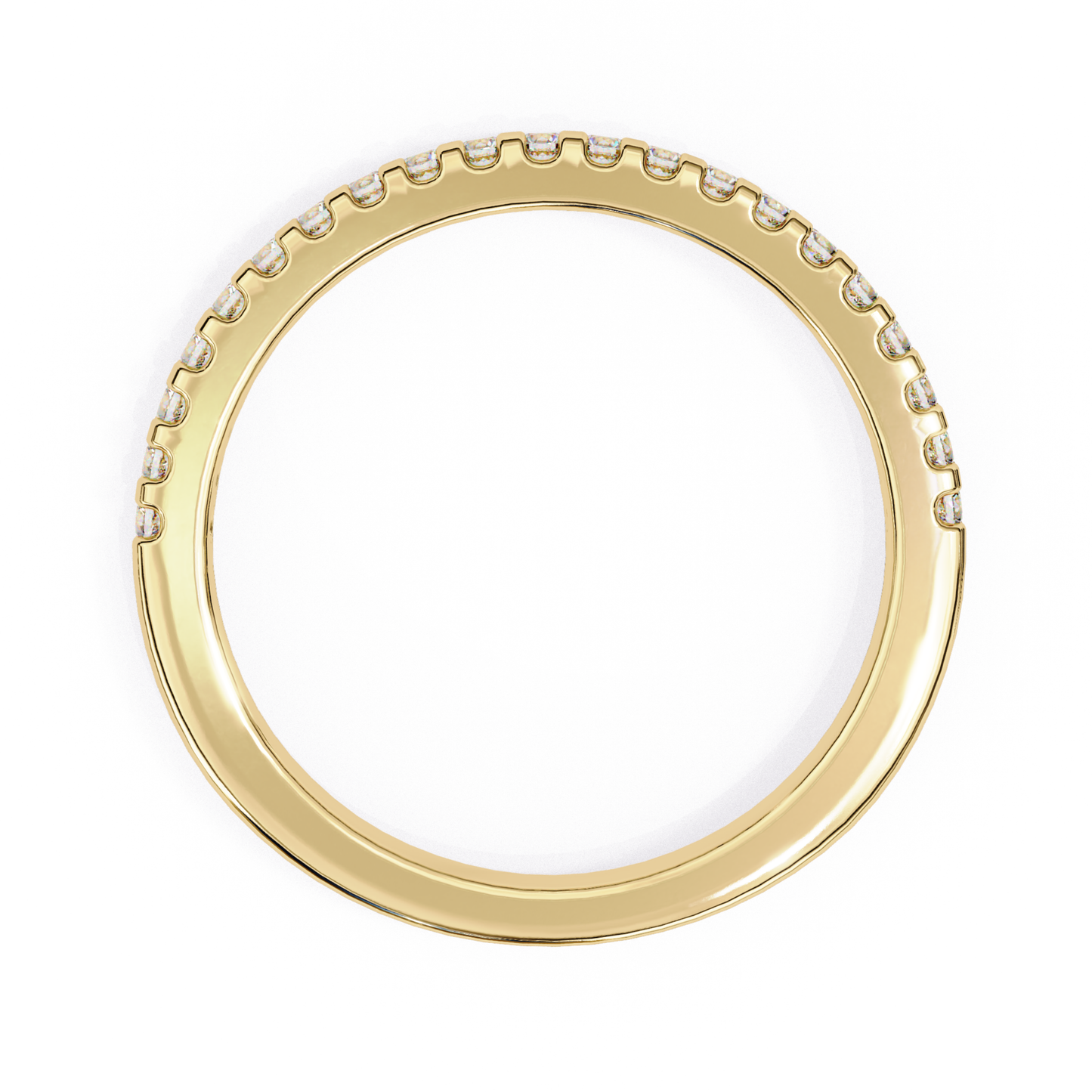 Inside view of round diamond half eternity band in yellow gold 
