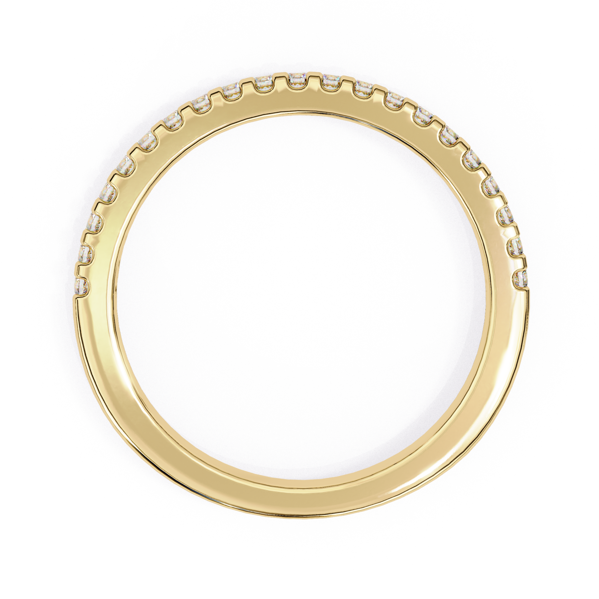 Inside view of round diamond half eternity band in yellow gold 