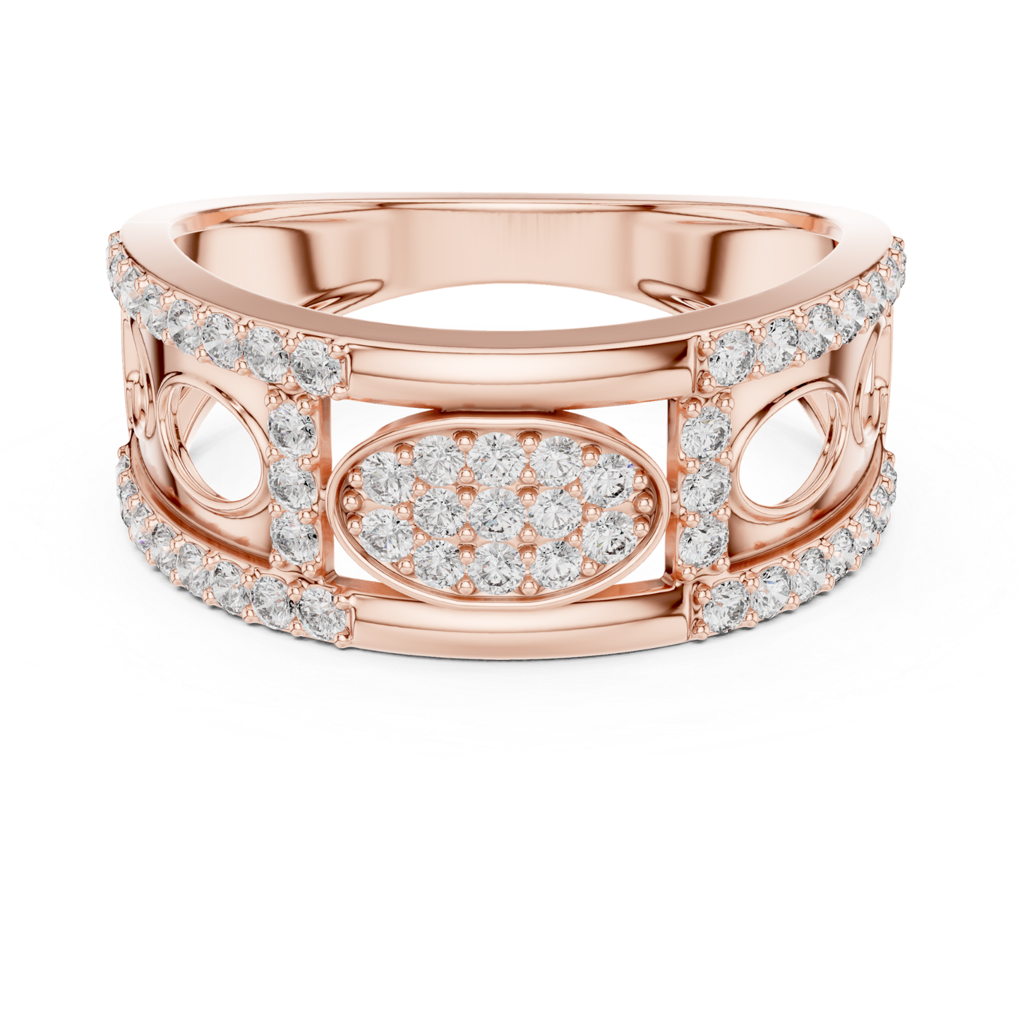 Rose gold oval diamond designer ring
Luxury rose gold ring with round diamonds
Elegant rose gold pave diamond fashion ring
Modern rose gold statement ring for women
Stylish rose gold open pattern diamond ring
Premium rose gold oval centerpiece ring
Fine jewelry rose gold round diamond band
Contemporary rose gold ring with diamond accents
Beautiful rose gold geometric diamond ring
Trendy rose gold diamond ring front view
