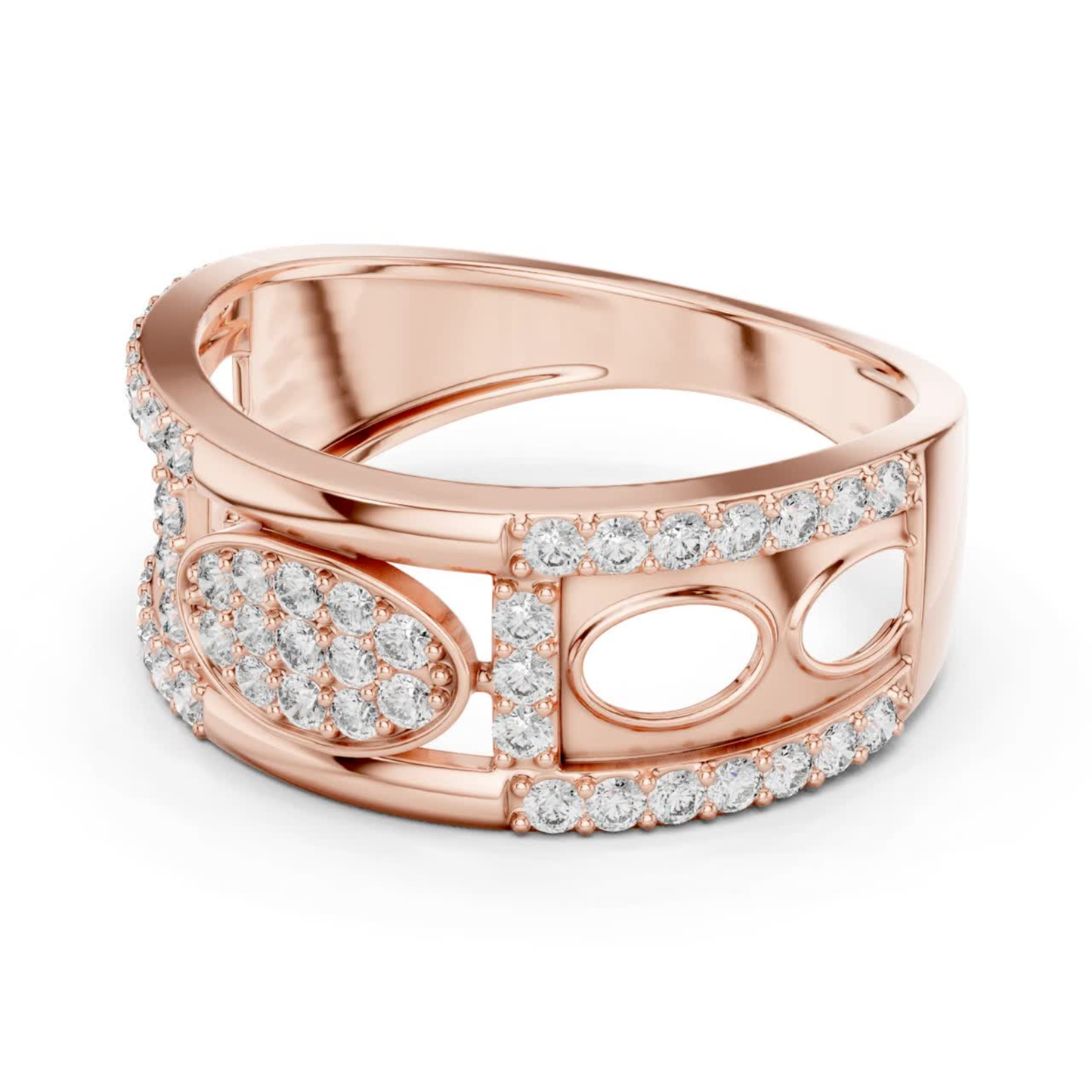 Side angle rose gold oval diamond designer ring
Rose gold ring with oval diamond cluster detail
Luxury rose gold round diamond fashion ring
Elegant rose gold openwork diamond ring
Modern rose gold statement ring with diamonds
Premium rose gold oval centerpiece diamond ring
Fine jewelry rose gold pave diamond band
Contemporary rose gold ring with round diamonds
Beautiful rose gold designer ring side perspective
Trendy rose gold diamond ring with oval motif