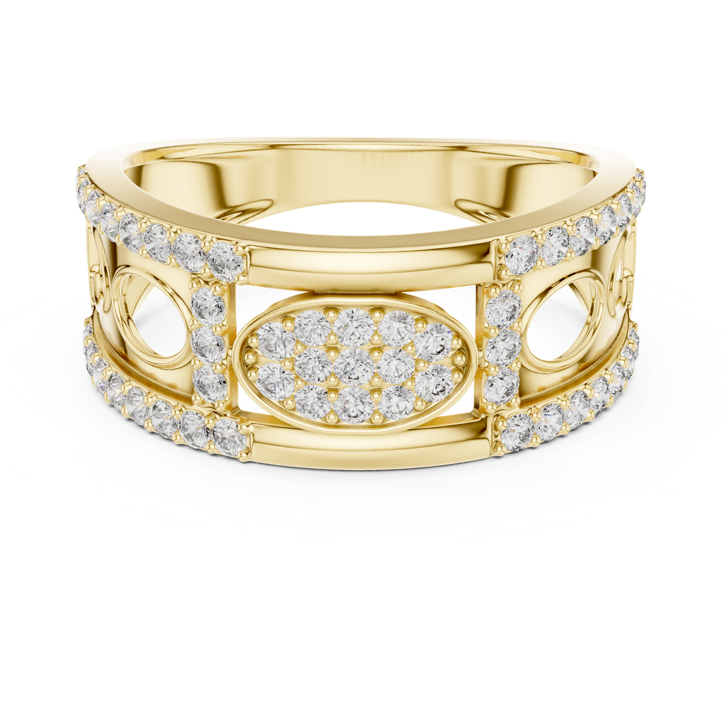 Yellow gold oval diamond designer ring
Luxury yellow gold ring with round diamonds
Elegant yellow gold pave diamond fashion ring
Modern yellow gold statement ring for women
Stylish yellow gold open pattern diamond ring
Premium yellow gold oval centerpiece ring
Fine jewelry yellow gold round diamond band
Contemporary yellow gold ring with diamond accents
Beautiful yellow gold geometric diamond ring
Trendy yellow gold diamond ring front view