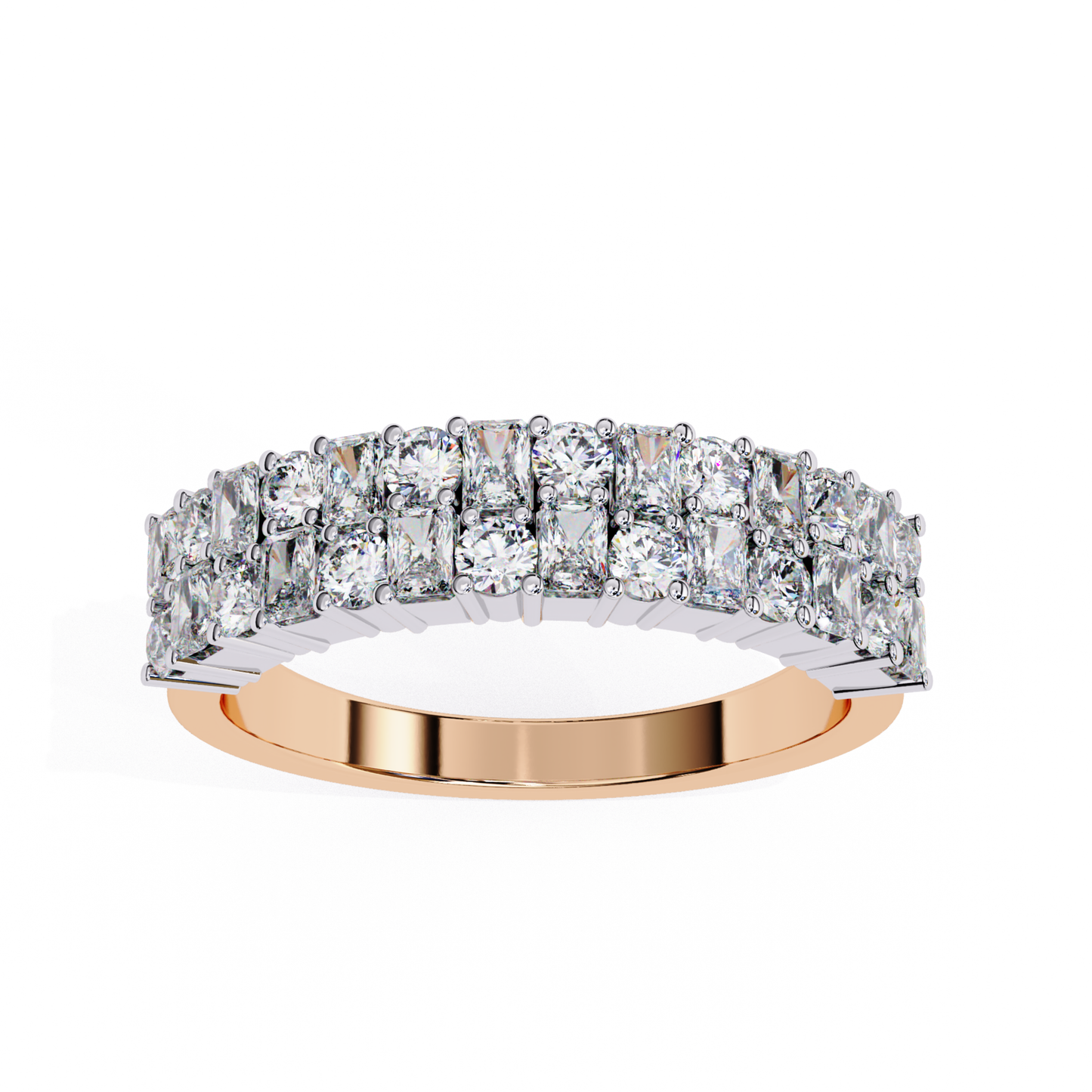 Front view of mixed round and square diamond band in rose gold