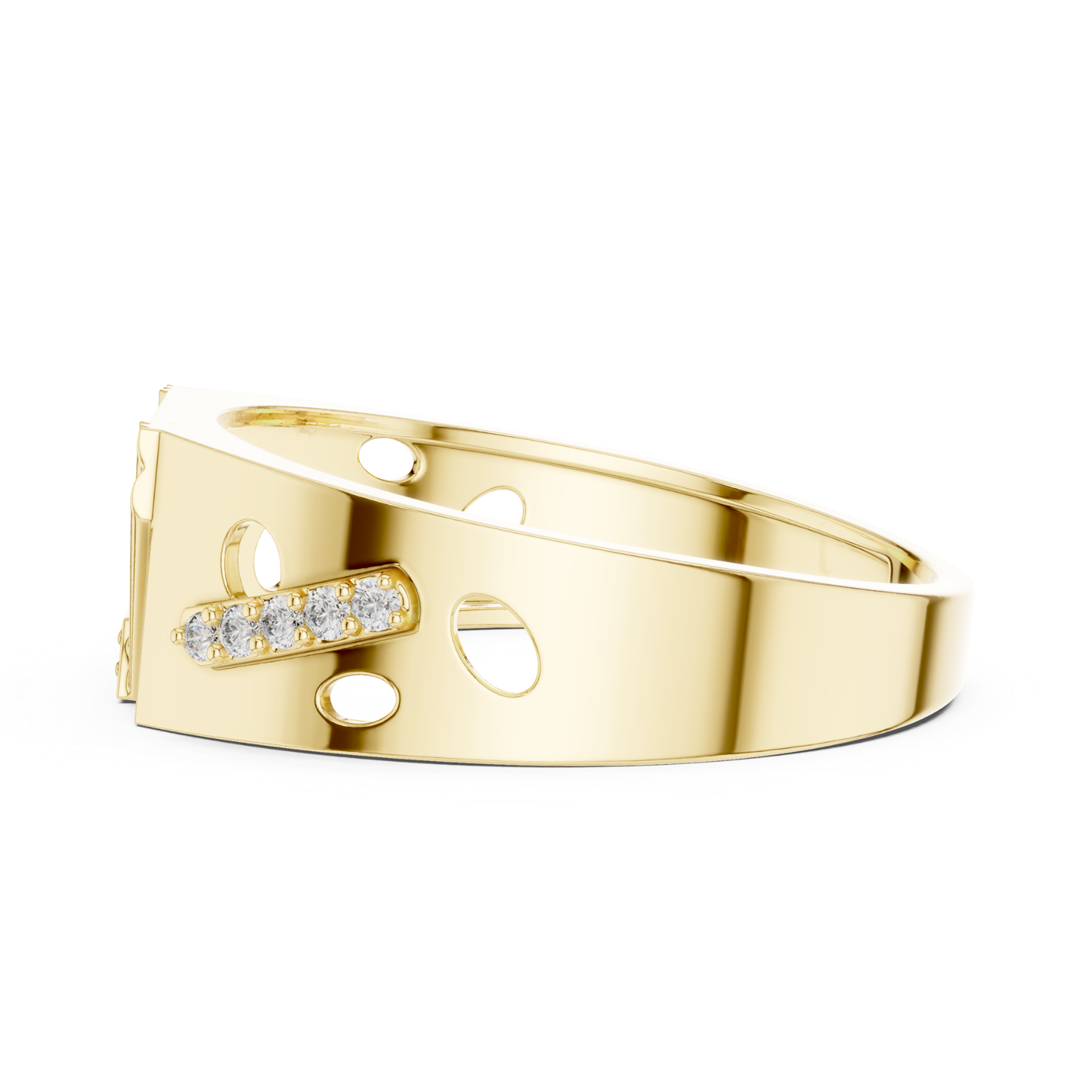 Side view diamond yellow gold band ring
Yellow gold ring with diamond accent bar
Diamond yellow gold band with circular cutouts
Wide yellow gold ring featuring diamond details
Contemporary yellow gold band with open accents
Polished yellow gold ring with geometric elements
Modern yellow gold band showcasing diamonds
Tapered yellow gold ring with diamond accent row
Structured yellow gold band with openwork details
Yellow gold ring with decorative diamond setting