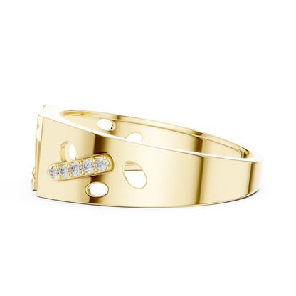 Side view diamond yellow gold band ring
Yellow gold ring with diamond accent bar
Diamond yellow gold band with circular cutouts
Wide yellow gold ring featuring diamond details
Contemporary yellow gold band with open accents
Polished yellow gold ring with geometric elements
Modern yellow gold band showcasing diamonds
Tapered yellow gold ring with diamond accent row
Structured yellow gold band with openwork details
Yellow gold ring with decorative diamond setting