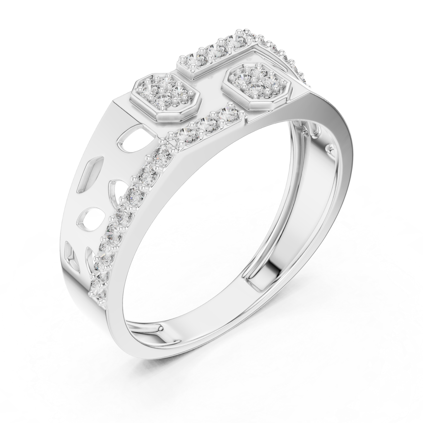 Angled open gallery diamond cluster white gold ring
White gold statement ring with diamond clusters
Diamond border white gold ring with openwork details
Geometric white gold band featuring diamonds
Architectural white gold ring with diamond accents
Wide white gold ring with decorative diamond rows
Open cutout white gold band with geometric motifs
Structured white gold ring with diamond details
Contemporary white gold statement band with diamond border
Elevated diamond white gold ring angled view