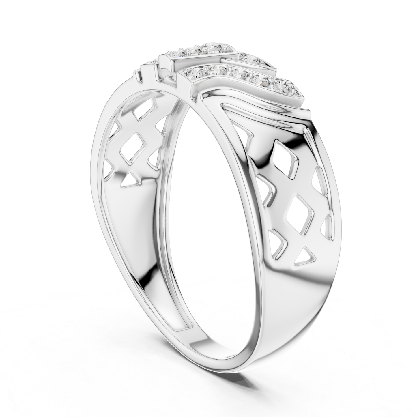 Open gallery diamond white gold ring
White gold ring with geometric cutout details
Diamond white gold band from rear angle
Contemporary white gold ring with openwork pattern
Wide white gold band featuring diamond accents
Sculpted white gold ring with geometric openings
Modern white gold band with decorative cutouts
Polished white gold ring showcasing open gallery design
Architectural white gold band with diamond details
Tapered white gold ring with geometric pattern